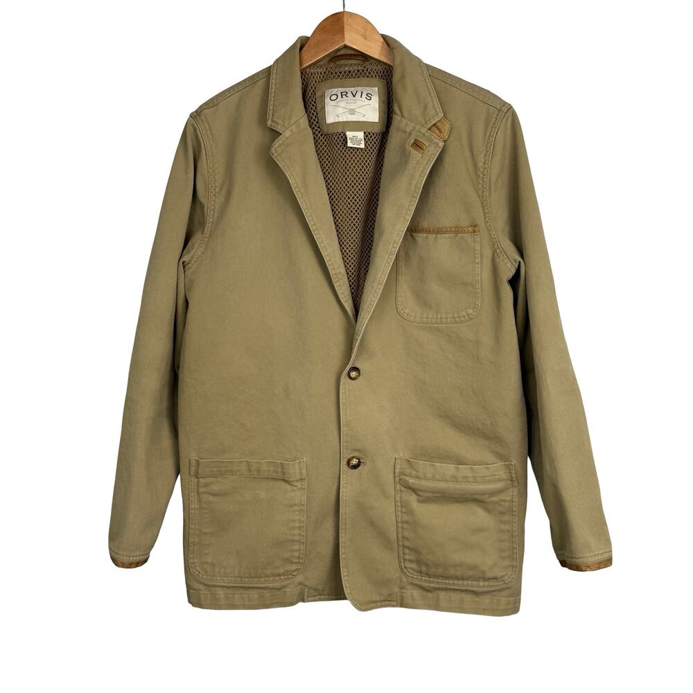 ORVIS Jacket‎ Mens 42T Tan Blazer Cotton Leather Trim Elbow Patch Safari Fishing